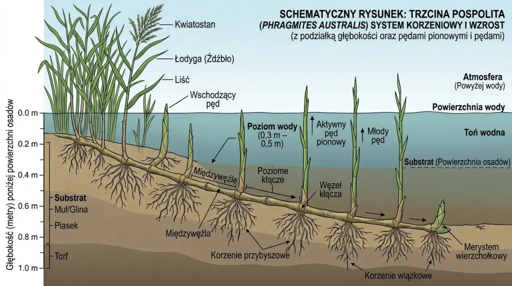 Schematyczny rysunek przedstawiający system korzeniowy trzciny z zaznaczoną głębokością i pionowymi pędami wychodzącymi z kłączy