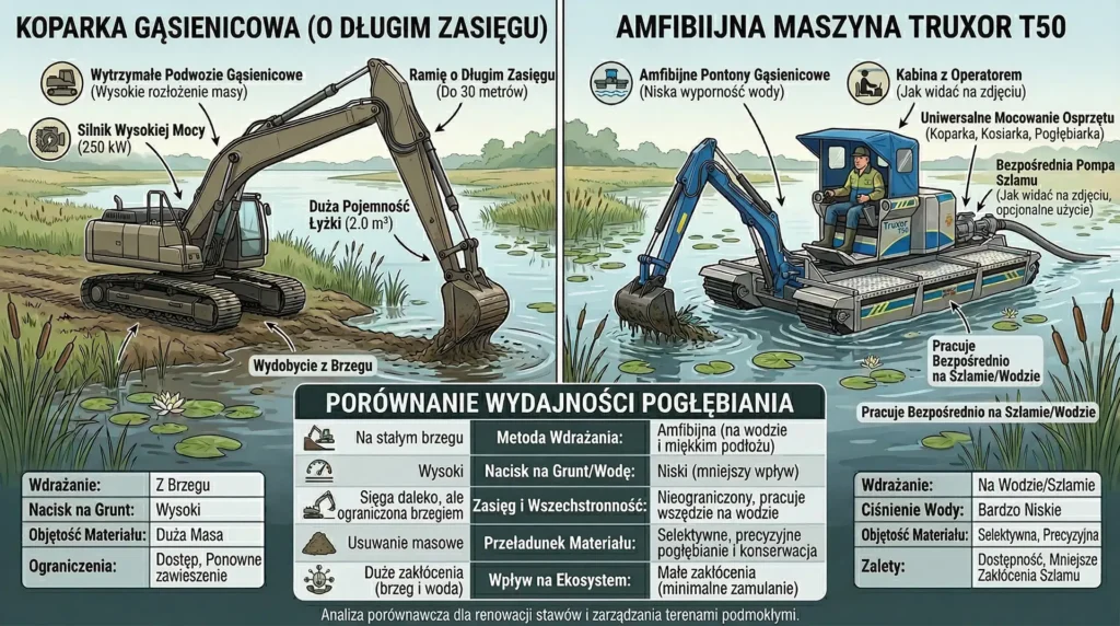 Porównanie dwóch maszyn stojących obok siebie na podmokłym brzegu. Po lewej ciężka koparka gąsienicowa z długim ramieniem typu Long Reach, po prawej maszyna typu amfibia na wysokich pontonach. W tle widać zamulony staw.